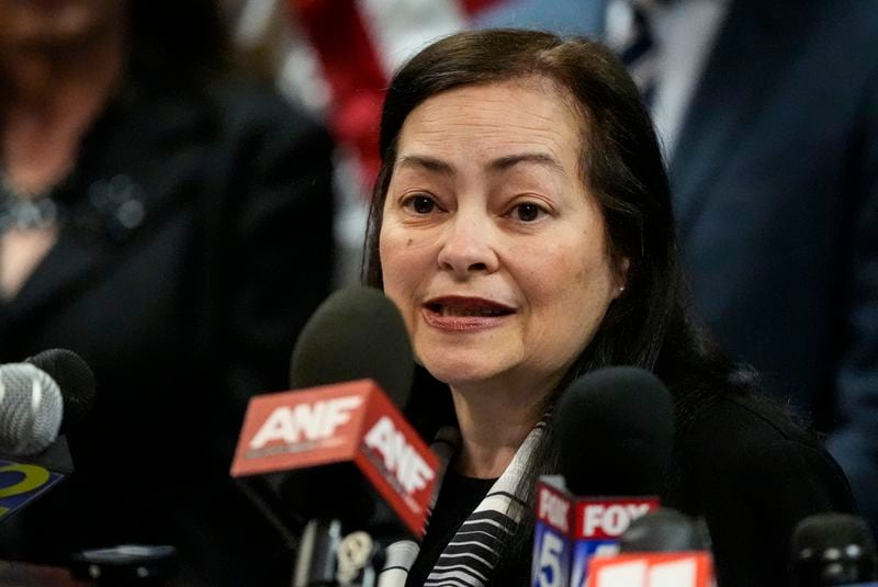 FILE - Deborah Gonzalez, District Attorney, Western Judicial Circuit, speaks during a Georgia Bureau of Investigation news conference, May 13, 2024, in Decatur, Ga. (AP Photo/Mike Stewart, File)