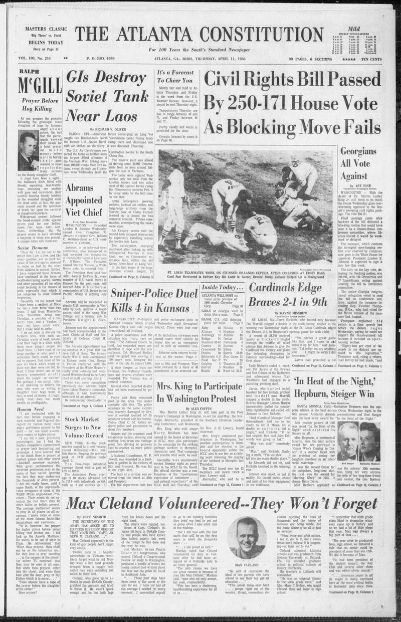 The Atlanta Constitution front page April 11, 1968.