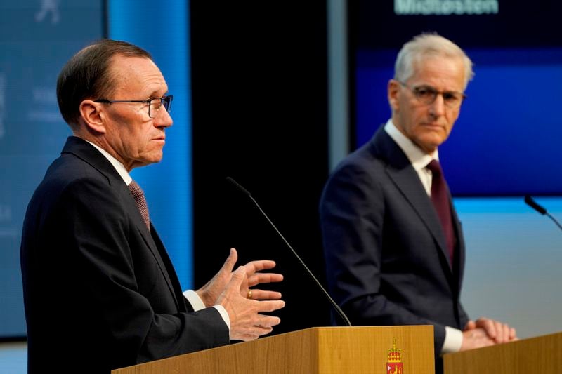 Norway's Prime Minister Jonas Gahr Store, right, and Foreign Minister Espen Barth Eide speak during a news conference in Oslo, Norway, Wednesday, May 22, 2024. Israel’s Foreign Minister Israel Katz has ordered Israel’s ambassadors from Ireland and Norway to immediately return to Israel, as Norway said it would recognize a Palestinian state and Ireland was expected to do the same. (Erik Flaaris Johansen/NTB Scanpix via AP)