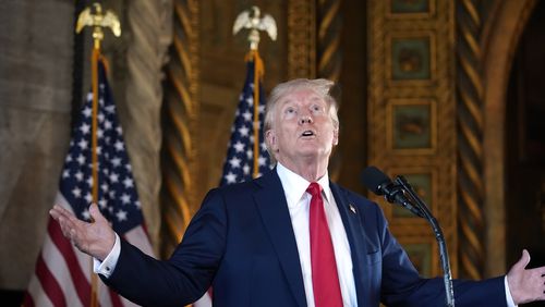 Republican presidential nominee former President Donald Trump talks about the size of the room as he speaks to reporters during a news conference at his Mar-a-Lago estate Thursday, Aug. 8, 2024, in Palm Beach, Fla. (AP Photo/Alex Brandon)