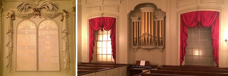 The Goddard Memorial Chapel at Grady Memorial Hospital features the Ten Commandments in golf leaf opposite a small pipe organ.