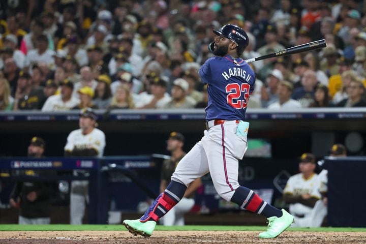 Atlanta Braves’ Michael Harris hits a 2-RBI home run against the San Diego Padres during the eighth inning of National League Division Series Wild Card Game Two at Petco Park in San Diego on Wednesday, Oct. 2, 2024.   (Jason Getz / Jason.Getz@ajc.com)