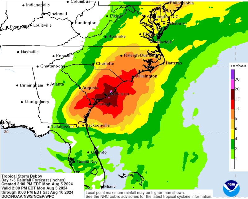 A map released at 2 p.m. on Monday, August 5, 2024 by the National Oceanic and Atmospheric Administrations shows forecast rainfall totals for Savannah and coastal Georgia.