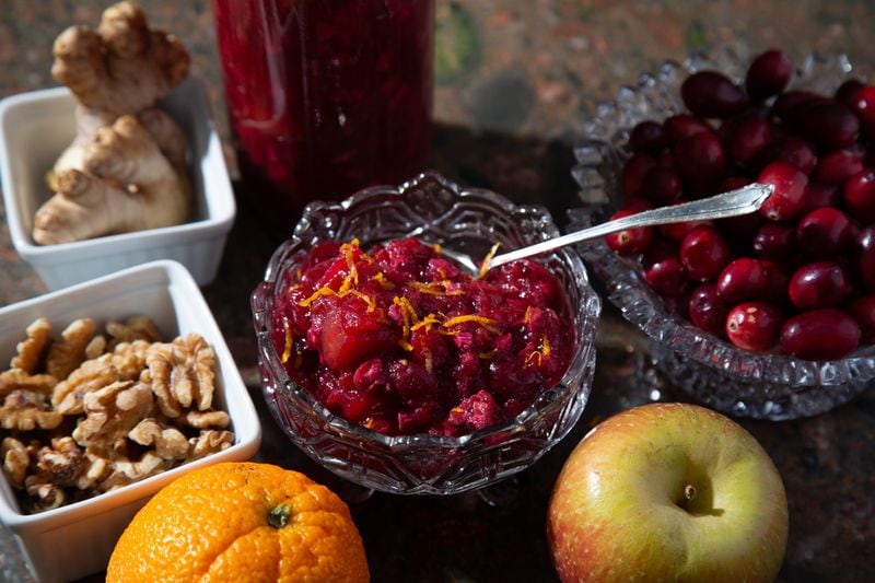 One variable in the texture of Chunky Cranberry Sauce with Walnuts and Ginger is the variety of apple you choose to use in the recipe. (Styling by C.W. Cameron / Martha Williams for the AJC)