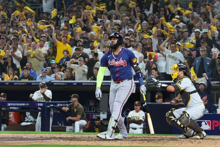 Atlanta Braves designated hitter Marcell Ozuna (20) strikes out against the San Diego Padres during the eighth inning of National League Division Series Wild Card Game One at Petco Park in San Diego on Tuesday, Oct. 1, 2024.   (Jason Getz / Jason.Getz@ajc.com)