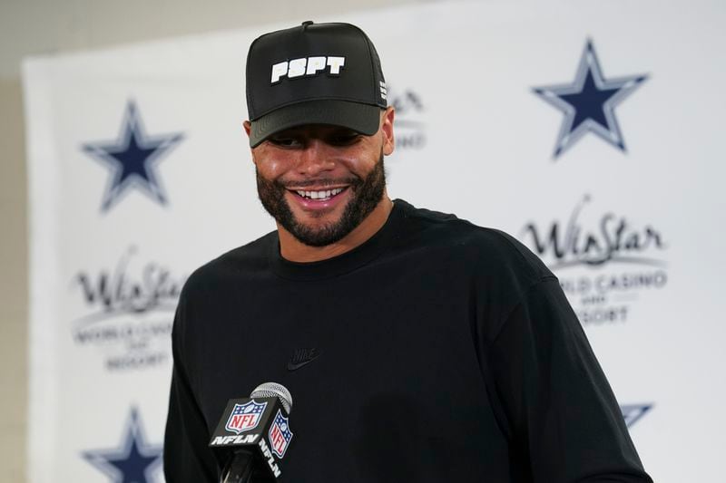 Dallas Cowboys quarterback Dak Prescott talks to reporters following an NFL football game against the Pittsburgh Steelers, early Monday, Oct. 7, 2024, in Pittsburgh. The Cowboys won 20-17. (AP Photo/Matt Freed)