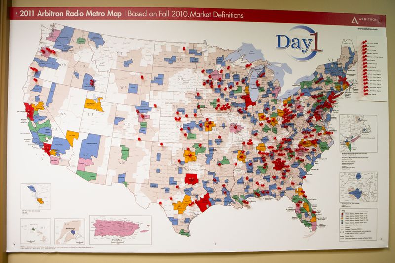 A map of radio stations that play the Day1 radio show outside of the office of Rev. Peter Wallace. CHRISTINA MATACOTTA FOR THE ATLANTA JOURNAL-CONSTITUTION.
