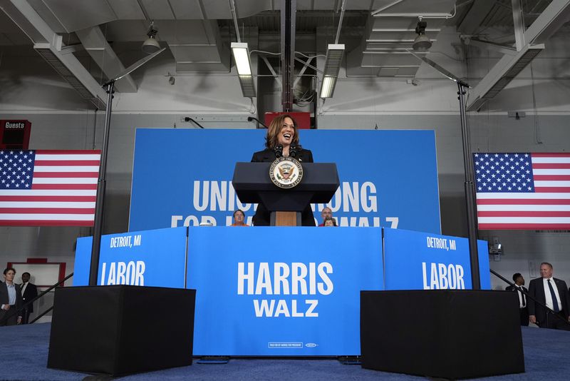 Democratic presidential nominee Vice President Kamala Harris speaks at a campaign event at Northwestern High School in Detroit, Monday, Sept. 2, 2024. (AP Photo/Jacquelyn Martin)