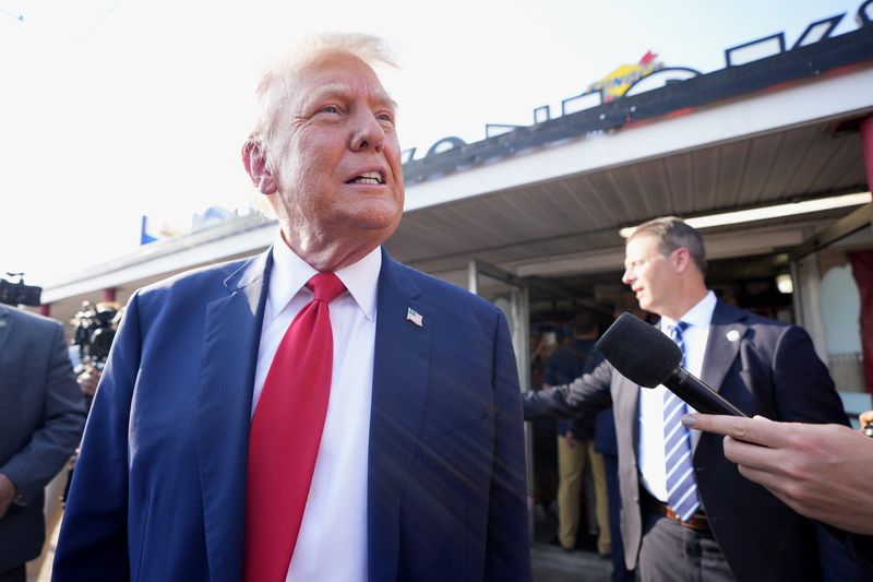 Republican presidential candidate former President Donald Trump participates in an interview at Tony and Nick's Steaks during a campaign stop, Saturday, June 22, 2024, in Philadelphia. (AP Photo/Chris Szagola)