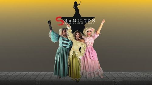 The Schuyler sisters from “Hamilton” strike a pose in front of the famous logo, as altered by Drunk Drag Broadway, for “Shamilton: A Drunk Drag Parody.” The limited-run show launches Aug. 22 at City Winery.
(Courtesy of Drunk Drag Broadway/Joey Ellington)