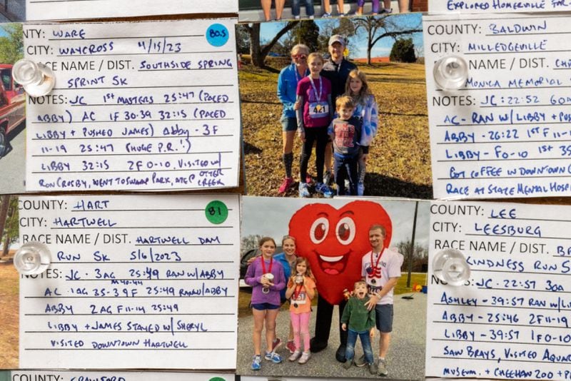 Mementos and notes from the Coleman family’s races are seen at their home in Decatur on Thursday, May 23, 2024. (Arvin Temkar / AJC)