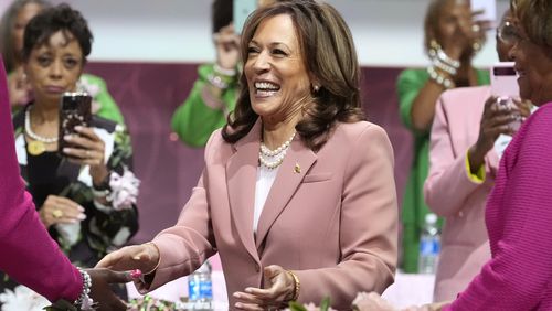 FILE - Vice President Kamala Harris speaks at the Alpha Kappa Alpha Sorority Inc. annual convention during the 71st biennial Boule at the Kay Bailey Hutchison Convention Center in Dallas, Wednesday, July 10, 2024. The #WinWithBlackWomen network says more than 40,000 Black women joined a Zoom call to support Harris on Sunday, July 21, hours after Biden ended his reelection campaign and endorsed Harris, and that the meeting was streamed to another 50,000 via other platforms. (AP Photo/LM Otero, File)