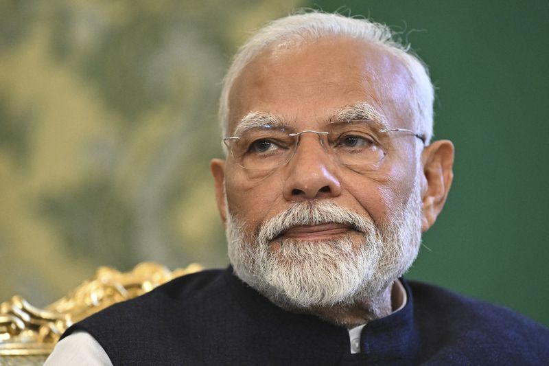 Indian Prime Minister Narendra Modi is pictured during a meeting with Russian President Vladimir Putin at the Kremlin, in Moscow, Russia, Tuesday, July 9, 2024. (Sergei Bobylev, Sputnik, Kremlin Pool Photo via AP)