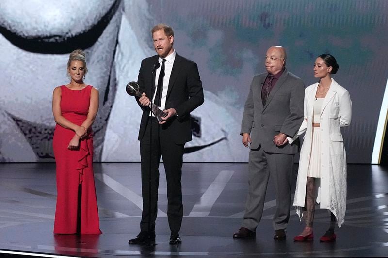 Prince Harry speaks after receiving the Pat Tillman Award For Service at the ESPY awards on Thursday, July 11, 2024, at the Dolby Theatre in Los Angeles. (AP Photo/Mark J. Terrill)