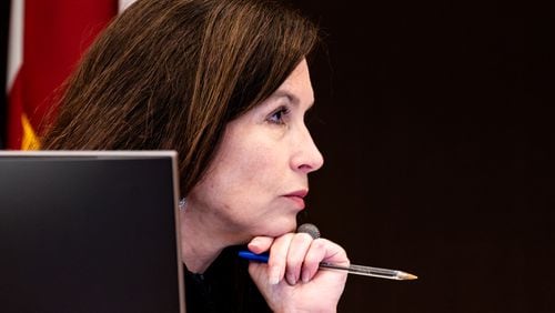 Fulton County Superior Court Judge Paige Reese Whitaker listens to defense attorneys during her first hearing as judge of the ongoing “Young Slime Life” gang trial at the Fulton County Courthouse in Atlanta on Friday, July 19, 2024. (Seeger Gray / AJC)