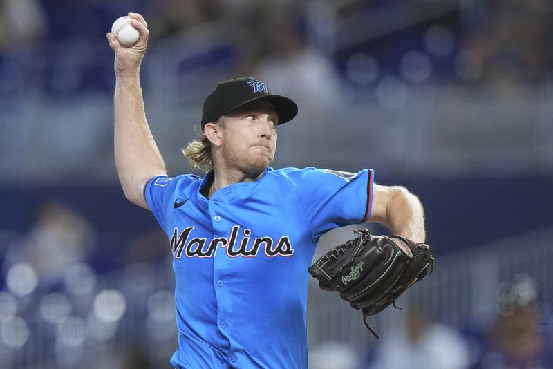 Miami Marlins' Darren McCaughan delivers a pitch during the first inning of a baseball game against the Atlanta Braves, Sunday, Sept. 22, 2024, in Miami. (AP Photo/Wilfredo Lee)