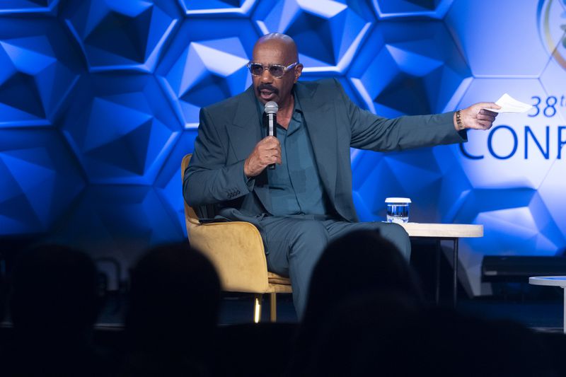 Comedian Steve Harvey moderated a conversation Friday with Vice President Kamala Harris during the 100 Black Men of America conference in Atlanta. (Ben Gray / Ben@BenGray.com)