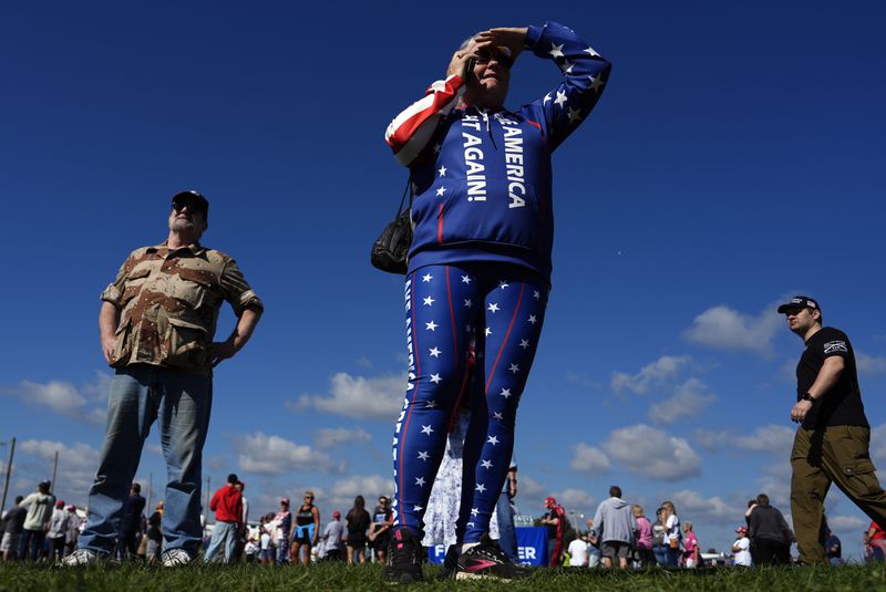 Supporters arrive before Republican presidential nominee former President Donald Trump speaks at a campaign rally at the Butler Farm Show, Saturday, Oct. 5, 2024, in Butler, Pa. (AP Photo/Julia Demaree Nikhinson)