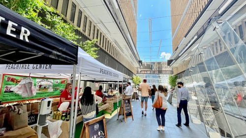 Peachtree Center’s Green Market allows visitors to indulge in fresh produce, handmade goods and delicious fare while enjoying live music and wonderful camaraderie on The Plaza 11 a.m. to 2 p.m. every Thursday through the end of September. CONTRIBUTED