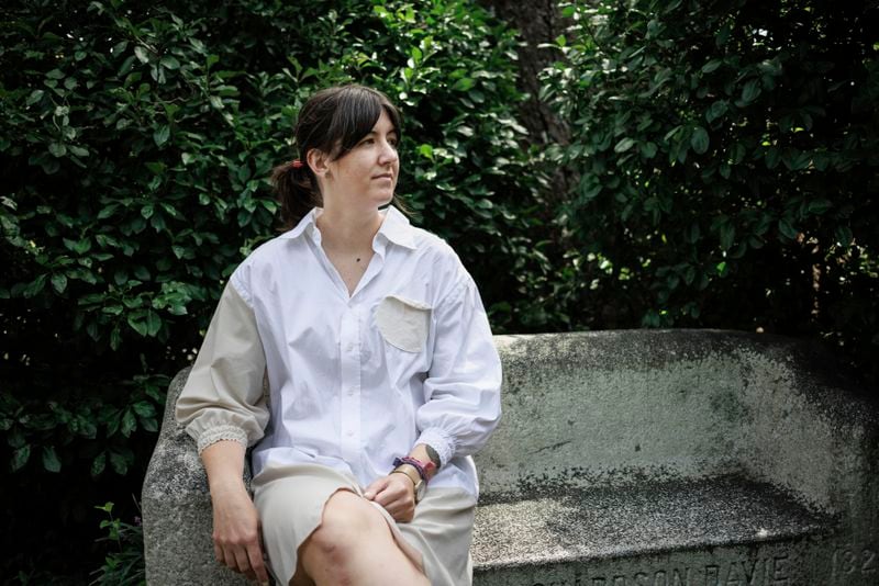 Professor Keely Muscatell sits for a portrait on campus at the University of North Carolina in Chapel Hill, N.C., Friday, Aug. 23, 2024. (AP Photo/Ben McKeown)