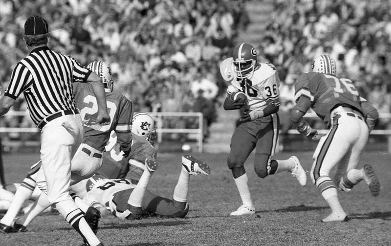 Georgia Bulldogs running back Willie McClendon (36) in action against Auburn on Nov. 18, 1978 at Jordan-Hare Stadium in Auburn, Alabama. (AJC file photo)