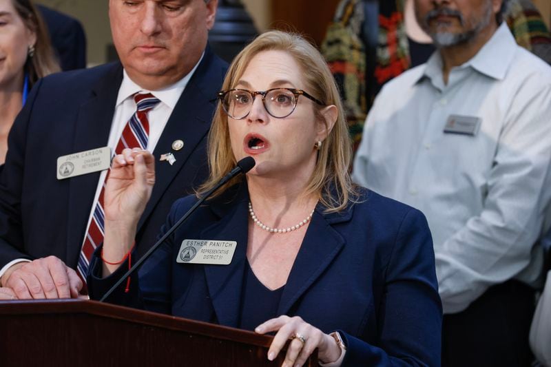 Rep. Esther Panitch, D-Sandy Springs, speaks during an antisemitism news conference at the Georgia State Capitol on Wednesday, February 22, 2023. (Natrice Miller/The Atlanta Journal-Constitution) 