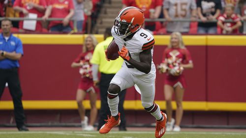 Cleveland Browns wide receiver Jakeem Grant Sr. (9) runs during an NFL preseason football game against the Kansas City Chiefs Saturday, Aug. 26, 2023, in Kansas City, Mo. (AP Photo/Ed Zurga)