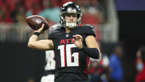 Atlanta Falcons quarterback John Paddock attempts a pass during the second half of their preseason NFL game against the Jacksonville Jaguars at Mercedes-Benz Stadium, on Friday, Aug. 23, 2024, in Atlanta. The Falcons lost 31-0. (Jason Getz / AJC)
