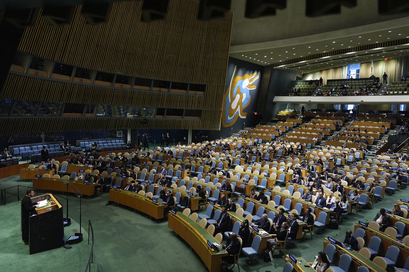 Ukraine President Volodymyr Zelenskyy addresses the 79th session of the United Nations General Assembly, Wednesday, Sept. 25, 2024, at UN headquarters. (AP Photo/Julia Demaree Nikhinson)