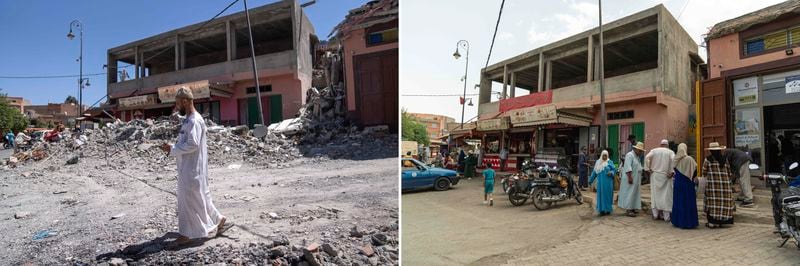 In this combination of photos, a man walks on a damaged road after an earthquake in the town of Amizmiz, Morocco, outside Marrakech, Sept. 10, 2023, and people shopping for food at the same area on Sept. 4, 2024. (AP Photo/Mosa'ab Elshamy)