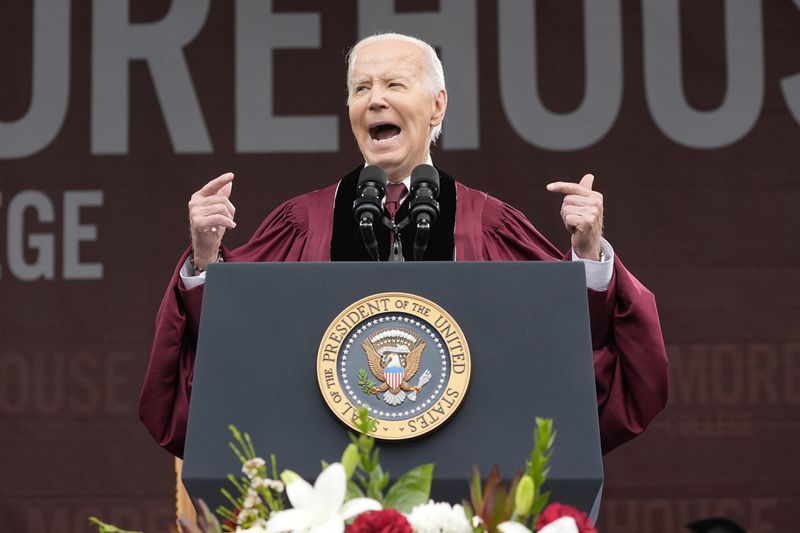 FILE - President Joe Biden speaks to graduating students at the Morehouse College commencement Sunday, May 19, 2024, in Atlanta. Biden and former President Donald Trump are working to win over Georgia voters ahead of the pair's first 2024 debate scheduled for Thursday, June 27, 2024 in Atlanta. (AP Photo/Alex Brandon, File)