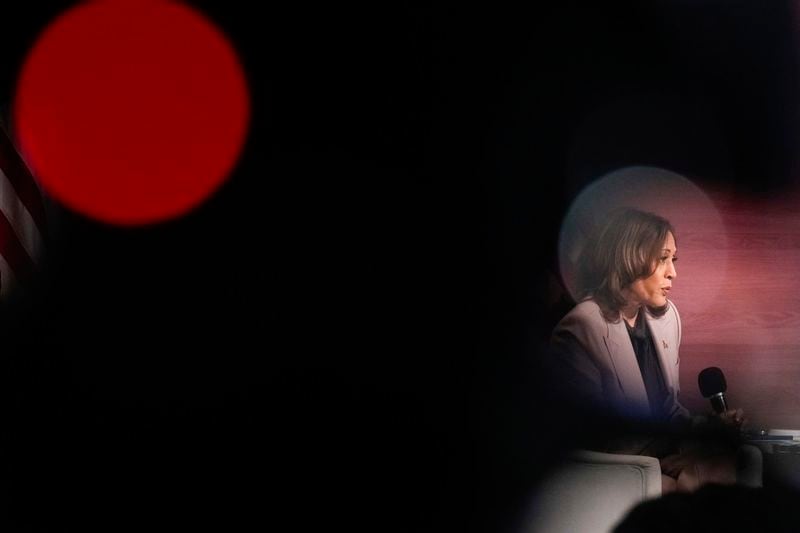 Democratic presidential nominee Vice President Kamala Harris is interviewed by members of the National Association of Black Journalists at the WHYY studio in Philadelphia, Tuesday, Sept. 17, 2024. (AP Photo/Jacquelyn Martin)