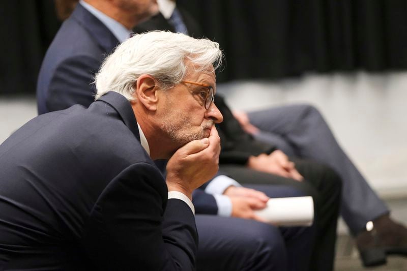 FILE - Attorney Don Knight listens as Richard Glossip speaks to the board via video at the Oklahoma Pardon and Parole Board clemency hearing for Richard Glossip, April 26, 2023. (Doug Hoke/The Oklahoman via AP)