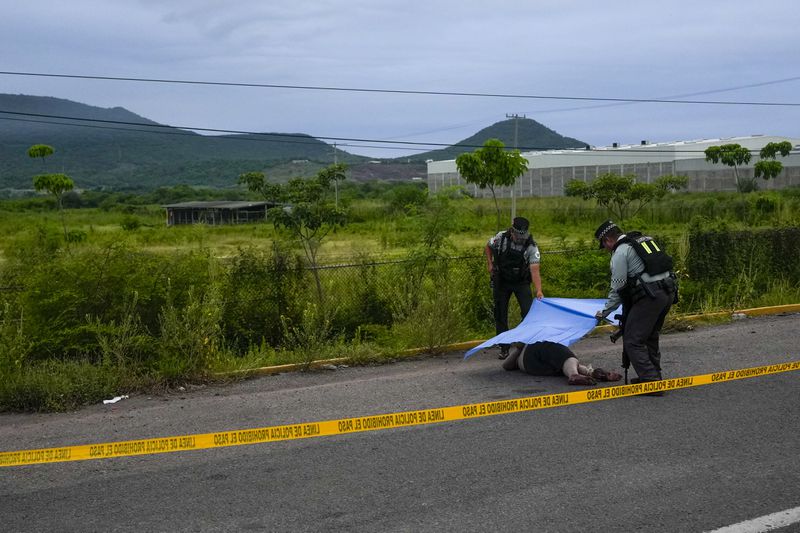 Mexican National Guardsmen cover a body found lying on the side of a road in Culiacan, Sinaloa state, Mexico, Saturday, Sept. 21, 2024. (AP Photo/Eduardo Verdugo)