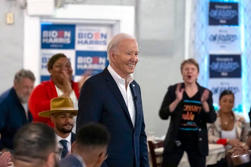 President Joe Biden speaks with supporters at Mary Mac's Tea Room, Saturday, May 18, 2024, in Atlanta. (AP Photo/Alex Brandon)