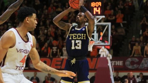 BLACKSBURG, VA - FEBRUARY 13: Curtis Haywood II #13 of the Georgia Tech Yellow Jackets shoots the ball in the first half during the game against the Virginia Tech Hokies at Cassell Coliseum on February 13, 2019 in Blacksburg, Virginia. (Photo by Lauren Rakes/Getty Images)