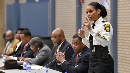 Current DeKalb County Sheriff Melody Maddox (right speaks during a candidates forum at Redan High School in Stone Mountain on Thursday, February 13, 2020. (Hyosub Shin / Hyosub.Shin@ajc.com)