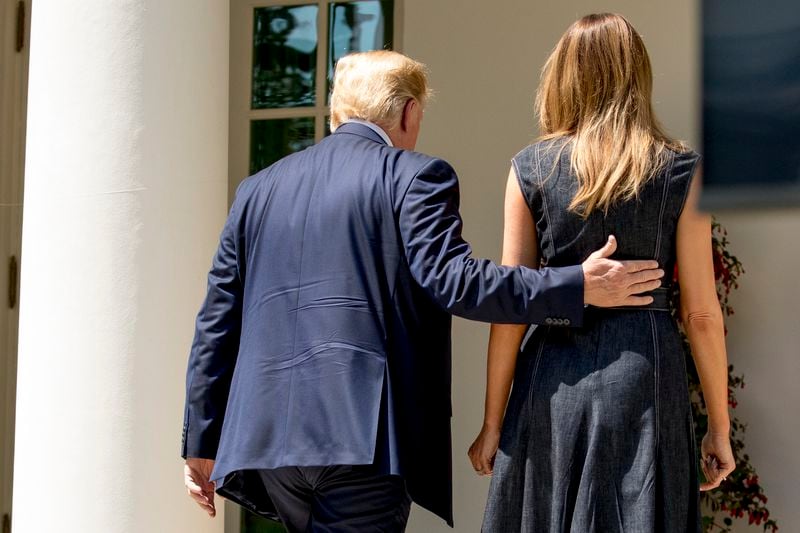 FILE - President Donald Trump and first lady Melania Trump walk toward the Oval Office at the conclusion of the one year anniversary event for the first lady's Be Best initiative in the Rose Garden of the White House, May 7, 2019, in Washington. (AP Photo/Andrew Harnik, File)