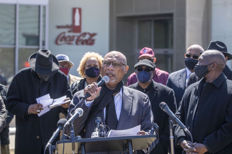 In April, AME Bishop Reginald T. Jackson stood outside the World of Coca-Cola in downtown Atlanta and called for boycotts in order to force corporations to take a stronger stance against Georgia's new voting law. (Alyssa Pointer / Alyssa.Pointer@ajc.com)