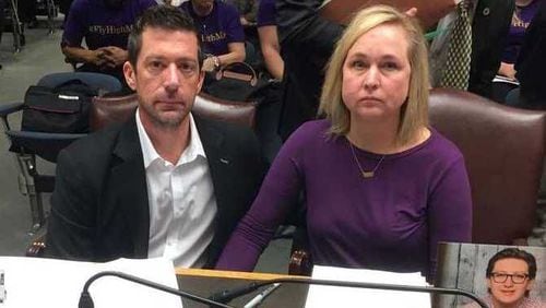 Steve (left) and Rae Ann Gruver testified in favor of an anti-hazing bill in the Louisiana House Criminal Justice Committee on March 21, 2018. Their son Max was a victim of hazing at Louisiana State University. He died Sept. 14, 2017. His photo sits on the table. (Courtesy)