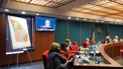 The House Redistricting Committee voted Saturday to advance a new map for Georgia's congressional delegation that would give Republicans a 9-5 advantage over Democrats. Committee Chairwoman Bonnie Richis pictured speaking about the map during a Thursday hearing. (Mark Niesse/mark.niesse@ajc.com)