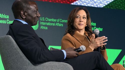 Kenya's President William Ruto, left, and Vice President Kamala Harris participate in a discussion at the U.S.-Kenya Business Forum at the Chamber of Commerce in Washington, Friday, May 24, 2024. (AP Photo/Susan Walsh)
