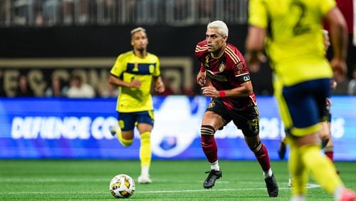 Atlanta United forward Daniel Ríos #19 dribbles the ball before the match against the Nashville SC at Mercedes-Benz Stadium in Atlanta, GA on Saturday September 14, 2024. (Photo by Mitch Martin/Atlanta United)