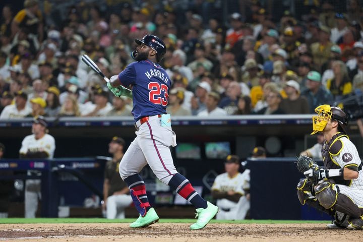 Atlanta Braves’ Michael Harris hits a 2-RBI home run against the San Diego Padres during the eighth inning of National League Division Series Wild Card Game Two at Petco Park in San Diego on Wednesday, Oct. 2, 2024.   (Jason Getz / Jason.Getz@ajc.com)