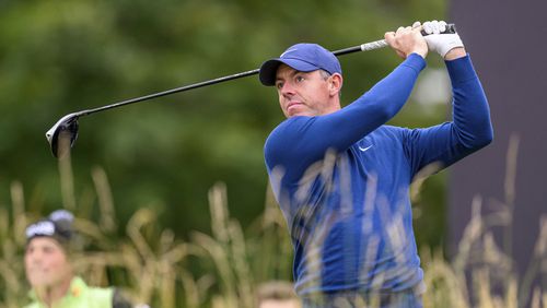 Rory McIlroy on the 10th hole on day one of the Scottish Open at The Renaissance Club, North Berwick, Scotland, Thursday July 11, 2024. (Malcolm Mackenzie/PA via AP)