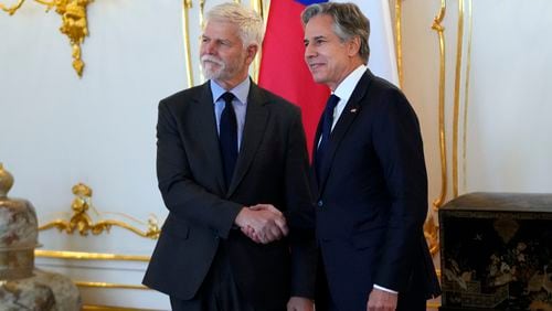 FILE -US Secretary of State Antony Blinken poses with Czech President Peter Pavel, left, before their meeting at Prague Castle, in Prague, Czech Republic, May 30, 2024. (AP Photo/Petr David Josek, Pool), File)