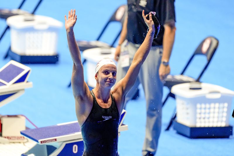 Regan Smith celebrates after a Women's 100 backstroke semifinals Monday, June 17, 2024, at the US Swimming Olympic Trials in Indianapolis. (AP Photo/Michael Conroy)