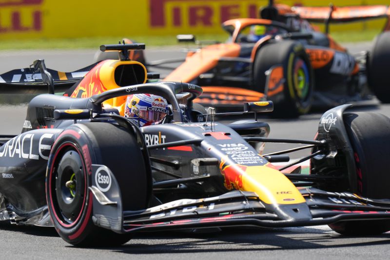 Red Bull driver Max Verstappen of the Netherlands steers his car during the first free practice ahead of the Formula One Italian Grand Prix race at the Monza racetrack, in Monza, Italy, Friday, Aug. 30, 2024. (AP Photo/Luca Bruno)