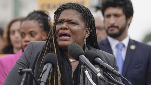 FILE - Rep. Cori Bush, D-Mo., speaks at a news conference on Capitol Hill, Oct. 20, 2023, in Washington.(AP Photo/Mariam Zuhaib, File)