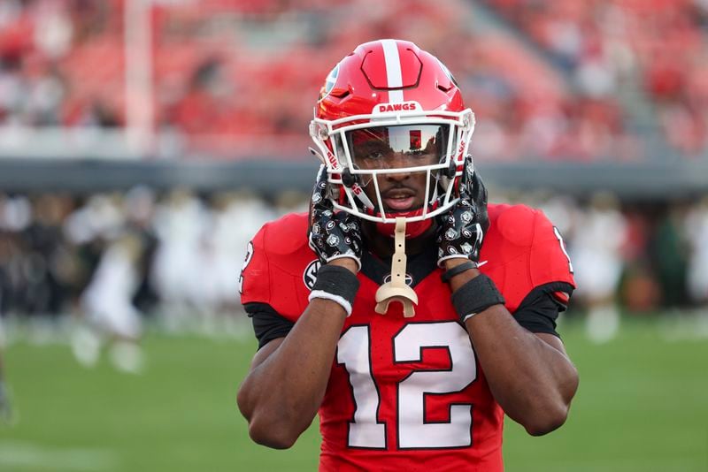 Georgia defensive back Julian Humphrey (12) prepares for their game against UAB at Sanford Stadium, Saturday, September 23, 2023, in Athens, Ga. (Jason Getz / Jason.Getz@ajc.com)